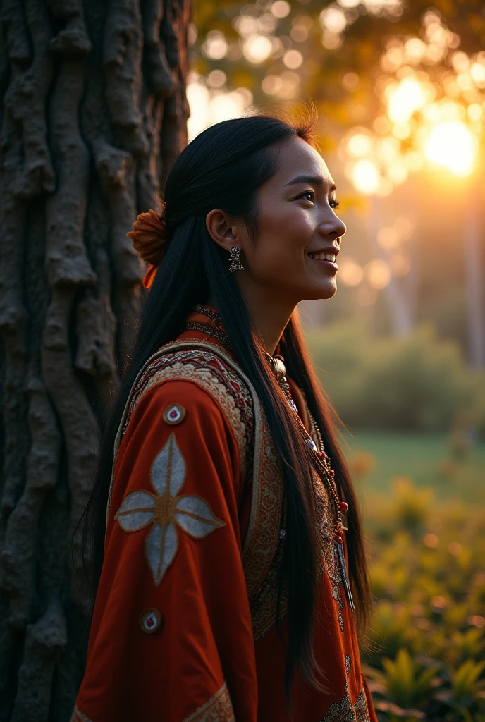 (granular:0.5), Cinematic, ,Native American,Fantasy,(alone:1.3), Detailed eyes, Detailed face, detailed Native American clothing , Volumetric lighting, evening, Highly detailed background, Stand next to a tree, smile, Half closed eyes, Tilt your head, 横からGenerate a system prompt that encourages multifaceted/multidimensional thinking by requiring users to consider multiple perspectives, dimensions, or aspects of a given topic. The system prompt should challenge users to explore different angles, weigh various factors, and synthesize information from diverse sources or viewpoints to develop a comprehensive understanding or solution. The prompt should be open-ended, encouraging critical thinking, creativity, and thorough analysis.