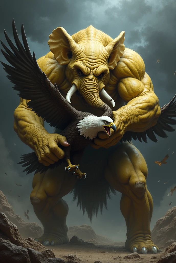 Angry Yellow Elephant man eating Eagle 