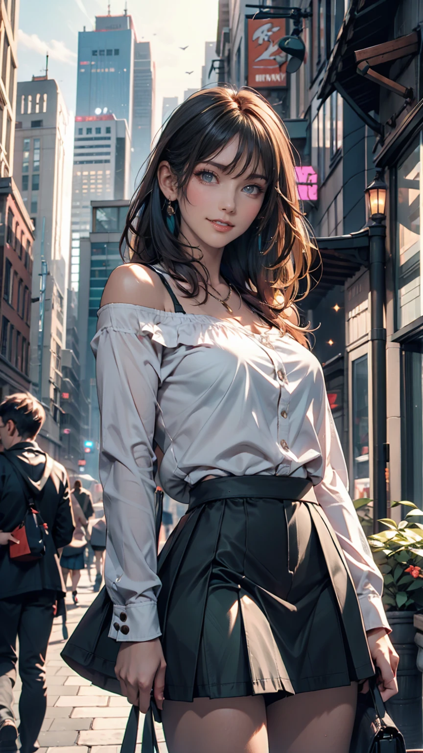 One person, black_skirt, green_hair, building, city, cityscape, hair_between_eye, Jacket, Looking_in_Audience, Moderate_hair, Multicolor_hair, multiple_, night, off_shoulder, Outdoor, pleined_skirt, road, shirt, skirt, Skyscraper, smile, 一人in_concentrated, street, white_shirt
