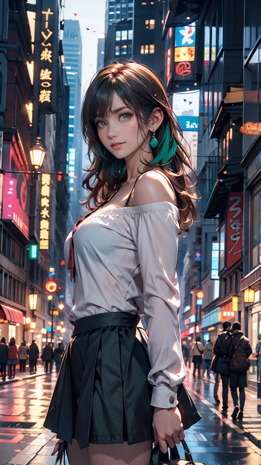 One person, black_skirt, green_hair, building, city, cityscape, hair_between_eye, Jacket, Looking_in_Audience, Moderate_hair, Multicolor_hair, multiple_, night, off_shoulder, Outdoor, pleined_skirt, road, shirt, skirt, Skyscraper, smile, 一人in_concentrated, street, white_shirt