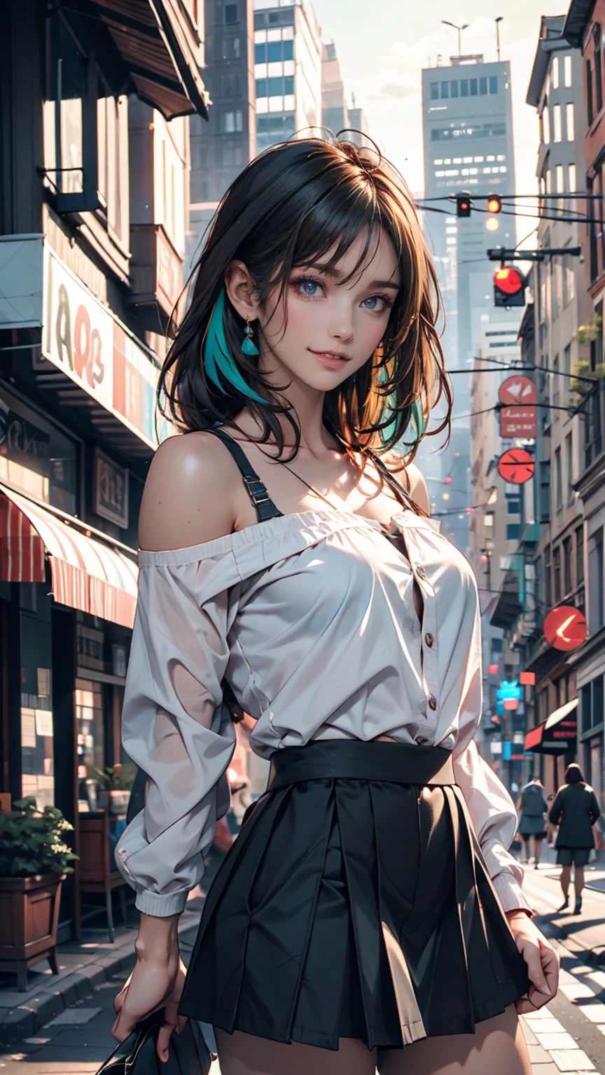 One person, black_skirt, green_hair, building, city, cityscape, hair_between_eye, Jacket, Looking_in_Audience, Moderate_hair, Multicolor_hair, multiple_, night, off_shoulder, Outdoor, pleined_skirt, road, shirt, skirt, Skyscraper, smile, 一人in_concentrated, street, white_shirt