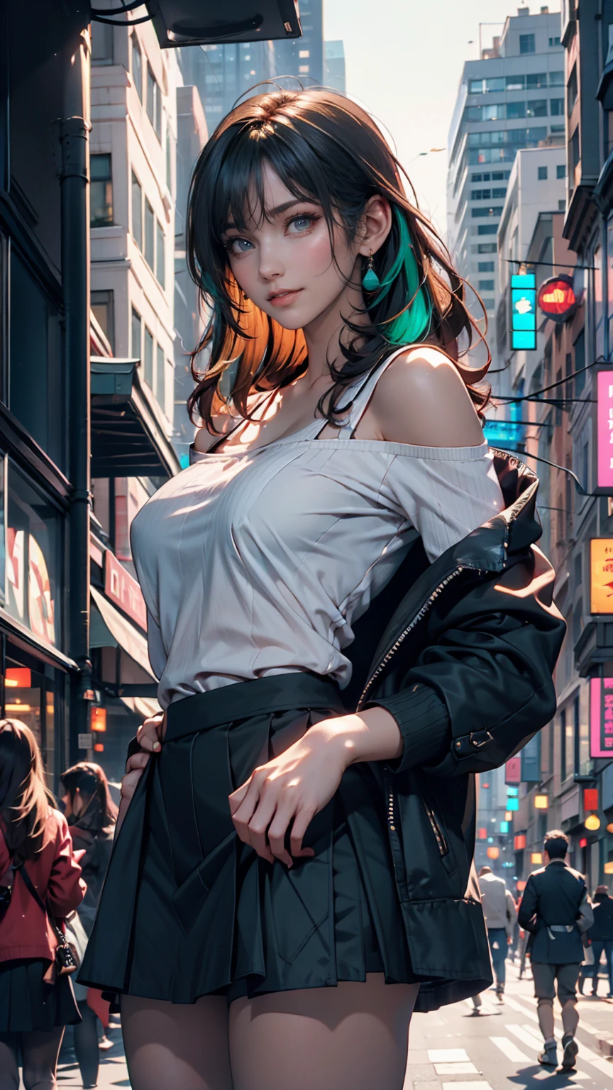One person, black_skirt, green_hair, building, city, cityscape, hair_between_eye, Jacket, Looking_in_Audience, Moderate_hair, Multicolor_hair, multiple_, night, off_shoulder, Outdoor, pleined_skirt, road, shirt, skirt, Skyscraper, smile, 一人in_concentrated, street, white_shirt