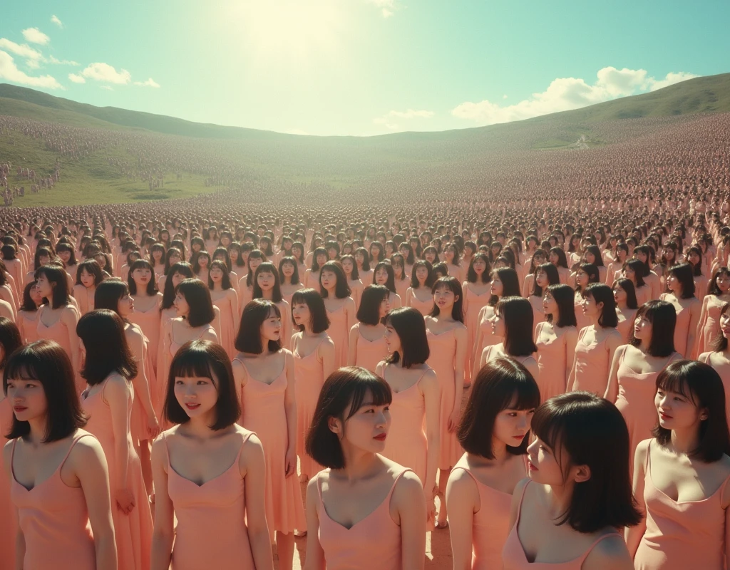 (((((Japanese Clone girls=Myself)))))), (((best masterpiece Clone girls Raw Photography Art))), (16K, Highest quality, Ultra-high resolution, RAW Photos), (((It&#39;s so unrealistic., With unparalleled depiction, With an unfathomable sight, An unprecedented and shocking worldview, Clone girls in a world of mass reproduction, Ultra-realistic))), (((Japanese, woman, 20yo, Sasaki Nozomi))), (Small face, ((Thick black hair, Short Hair))), ((V-neck short-sleeve dress)), (((((Very beautiful detailed girls, Accurate body structure, Very detailed完璧な, Super busty body with very large breasts, Clearly emphasizes cleavage))))), (((Dark Eyes, Mature face, Cute Smile, A gentle gaze))), (((Very happy laughter is beautiful))), ((((((((Very detailed分身増殖描写, ((1girl→Myself cloning→1,000,000,000,000,000,000,000,000Myself Clone girls)))))))))), ((((((((Very detailed, The precise depiction of the proliferation of Myself Clone girls, ((With the perfectly identical bodies of Myself clone girls, With the exact same face as the Myself clone girls, With the exact same hairstyle as the Myself clone girls, In the exact same clothes as the girls who are my clones, Perfectly the same height as the Myself clone girls, Super big breasts, just like the Myself clone girls)))))))))), (((Myself clone girls only))), (((Very detailed, Myself clone girls multiplication, 1,000,000,000,000,000,000,000,000Myself Clone girls→100,000,000,000,000,000,000,000,000,000,000,000,000,000,000^1,000,000,000,000,000,000Myself Clone girls))), (((Very detailed描写で, (An embrace between self, Back to Back, Myself clone girls assemble, Fun conversations with fellow Myself clone girls, A fun conversation between Myself clone girls, Myself clone girls kissing each other everywhere, Myself clone girls love each other, Myself clone girls holding hands)))), (((looking at the camera))), (((Unbelievably crowded, Transcendent Myself clone girls intimately, Countless Myself clone girls surround you in 360 degrees))), (Bright and soft sunlight), (((Very wide field of view, Very detailed, Detailed ultra-perspective depiction with clear depth))), (((((Curved slope landscape))))), (((Very photographic and detailed, Myself clone girls are depicted as multiplying infinitely, filling the sky with no gaps and filling the sky with the horizon., Myself clone girls are endless and have a fun atmosphere))), (Focus on the average value of the image)