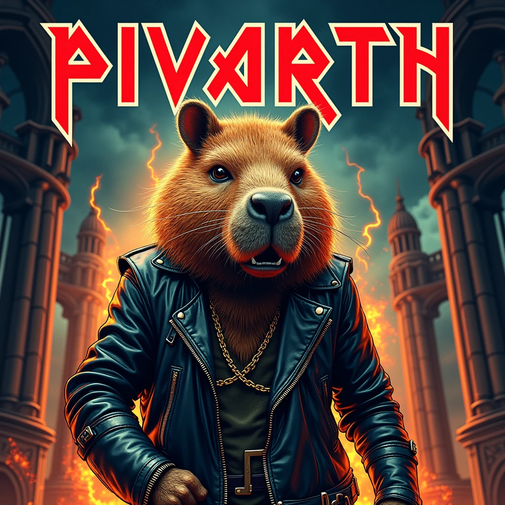 “Design a vinyl album cover in the iconic Iron Maiden style, featuring the word ‘PIVARTS’ in the same bold, gothic font traditionally used by Iron Maiden. The centerpiece of the design should be a capybara dressed in heavy metal attire, complete with leather jackets, spikes, and chains. The capybara should have a fierce, rebellious expression, embodying the spirit of heavy metal. The background should be dark and intense, with elements like flames, lightning, or gothic architecture to enhance the dramatic atmosphere. The overall design should stay true to the aesthetic of Iron Maiden album covers, with intricate details, vibrant colors, and a sense of energy and power that captures the essence of the heavy metal genre.”
