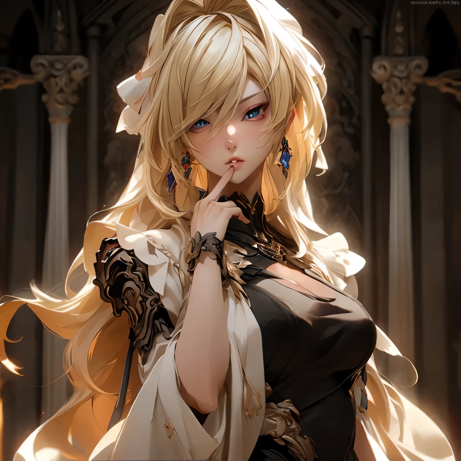 (best quality)), ((Masterpiece)), (details:1.4), 3d, HDR (high dynamic range), an image of a beautiful cyberpunk female, Blonde hair, Curtain Bangs, Red eyes, hips up, จมูกโด่ง, ปากแดง, หน้าอกใหญ่, nvidia RTX, PBR surface, After processing, Anisotropic filtration,depth of field, Maximum clarity and clarity, multi-layered surface, Subsurface scattering, perfect proportions, 8K raw files, ultra detailed, Perfect proportions, volumetric lighting, soft lighting, Holy Paladin, Light black Armor, glossy skin, castle background, jewely, ต่างหู, นิ้วมือสมบูรณ์,