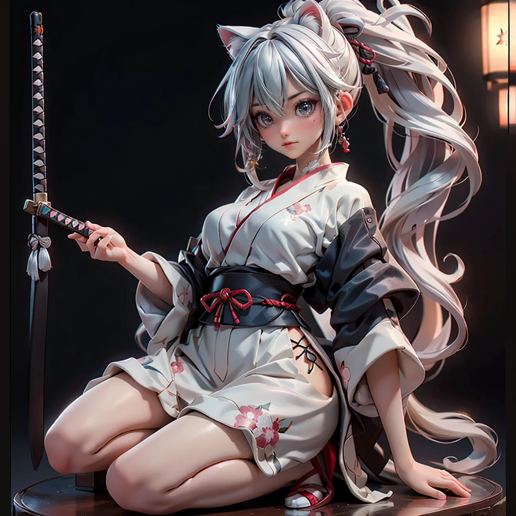 Samurai Girl、blue eyes、Moisturized Skin、Cat ear、Silver Hair、Long Hair、ponytail、Realistic body、Adult female body、3DCG、Japanese sword、Samurai Armor、I can see your chest、whole body、Raise your right knee、(masterpiece＋Highest quality＋High resolution＋Very detailed)、
