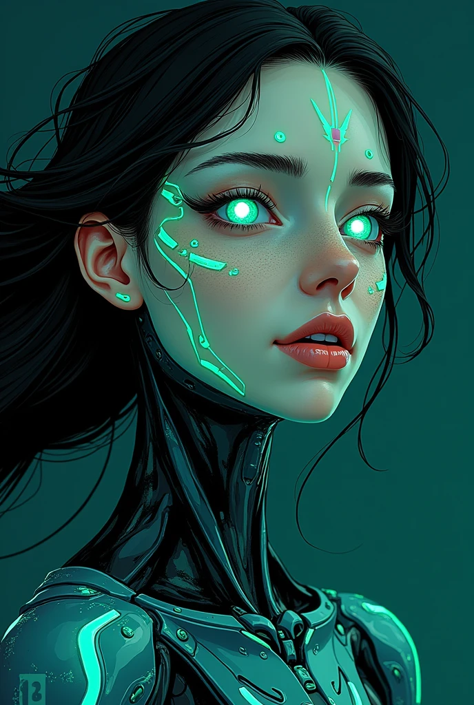 Cyber Woman face,green an blue outlines,black Background,Long Hair in Wind, mystical ,cartoon