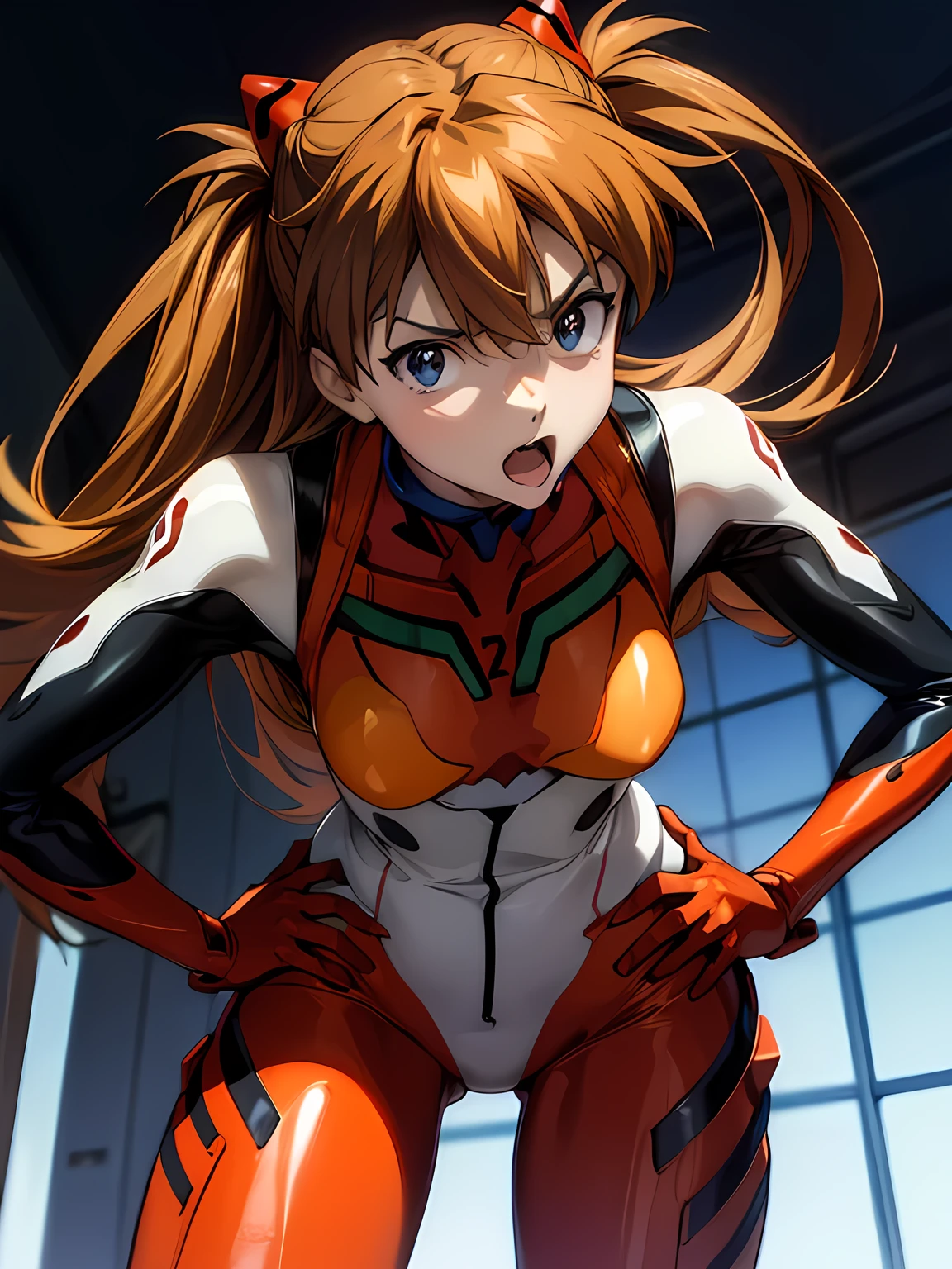 ultra-detailed, illustration, Adorable, Beautiful Face, Beautiful body, ((souryuu asuka langley, interface headset, red bodysuit:1.4, Orange-brown hair)), glowing eyes, Sparkling Eyes, (beautiful and detailed eyes:1.1), whole body, (((Raise left index finger to attention:1.4, Place the other hand on your hip, Attention gesture))), (Mouth open in a preachy tone:1.25), (Leaning forward), The background is NERV Headquarters, [[delicate fingers and hands:0.55]::0.85],(detail fingers), (Toon Shader Rendering), photo with an 85mm camera, ((masterpiece, best quality, high resolution)) 