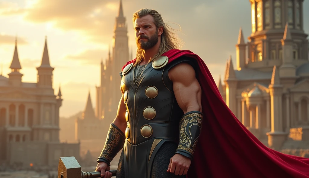 1850's Marvel Avengers character, thor , vintage thor dress, realistic, realistic character, vintage, vintage character, vintage background, male, asgard in background, highly detailed, extremely detailed, 8k, masterpiece, ultra-detailed, photorealistic, hdr, studio lighting, physically-based rendering, extreme detail description, vivid colors, dramatic lighting, cinematic, epic, thor with mjolnir
