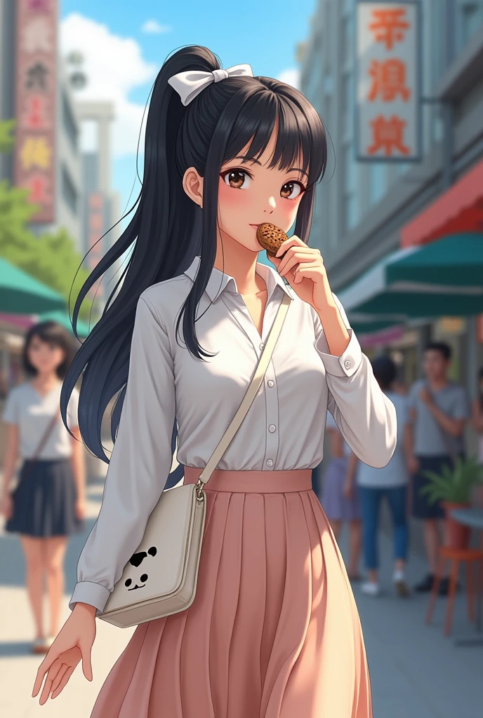 A black-haired woman with a ponytail tied with a white bow, wearing a Thai high school uniform, carrying a white shoulder bag with a bear pattern eating cookies, is walking.