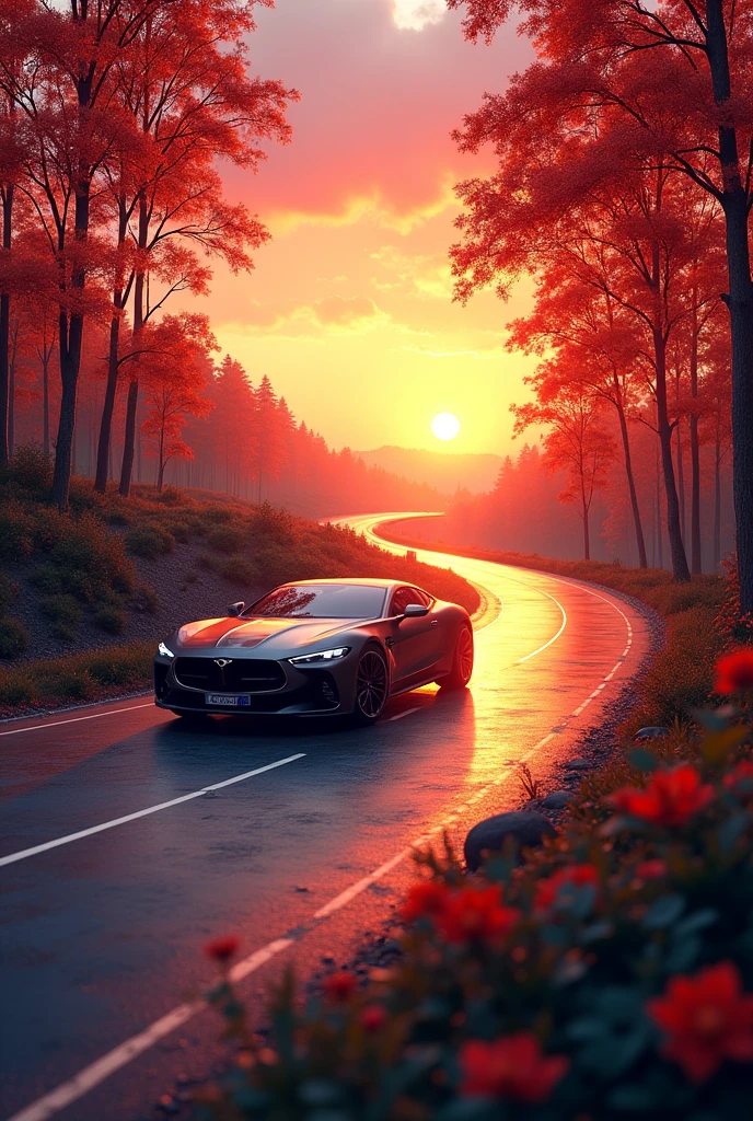 A car with sunset and driving on road with red tree and rever bank