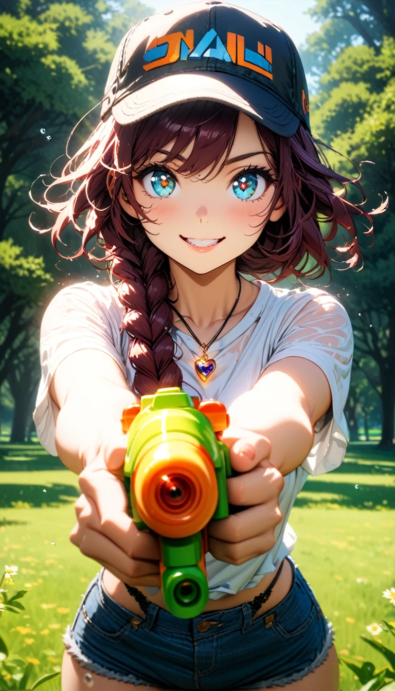 (masterpiece, very aesthetic:1.4), best quality, incredibly absurdres, Accurate, intricate, 8K, stunning, stylized, 
ultra-detailed, (incredibly detailed:1.2), fine texture, 
cinematic, recent, (vibrant:1.2), (clear pictures, clean lines, crisp edges), illustration, (soft lighting:1.2), 
cowboy shot, 
BREAK 
1 beautiful girl, 18yo, small face, beautiful detailed face, narrow waist, The beauty and danger of growing from a girl to an adult, A symbol of miraculous beauty, Graceful posture, sensual, bewitching woman, (medium breasts:0.8), 
(burgundy hair, a long single braid hair:1.4), asymmetrical bangs, smooth hair, 
BREAK 
(aqua blue eyes), black oblong pupils, (slant eyes, glass-like sparkling eyes are blurry and dreamy, beautiful detailed eyes, growing eyes, long delicate eyelashes, Meticulous Eyelash Details), 
BREAK 
(black lace bra:0.8), 
(see-through wet:0.2) white t-shirt, 
(denim shorts over black thong:1.2), 
baseball cap, 
(a tiny heart-shaped golden colored ring pendant:1.4), 
BREAK 
sunny afternoon, 
in a vast, lush green park, wide open lawns, 
a water gun shoots out water at the moment, 
(aiming the water gun at the viewer:1.4), other hand is down, 
BREAK 
gorgeous lips, natural pink lips, beautiful detailed lips, Glossy, 
(grin:1.2),  perfect eyes, 