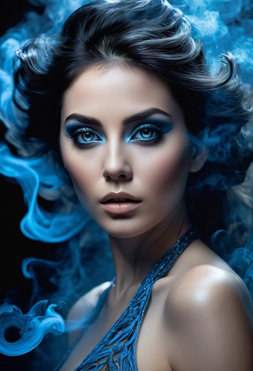A majestic work of art, a woman, intricately detailed, with an intense, piercing gaze emanating from her singular, striking eye, set against a backdrop of ethereal, swirling blue smoke that appears to shift and undulate as if alive, illuminated by a cinematic lighting scheme that casts dramatic, high-contrast shadows and highlights, evoking a sense of mystery and the otherworldly, with each element expertly rendered in exquisite, high-definition detail, exuding a sense of artistic mastery and visual sophistication.