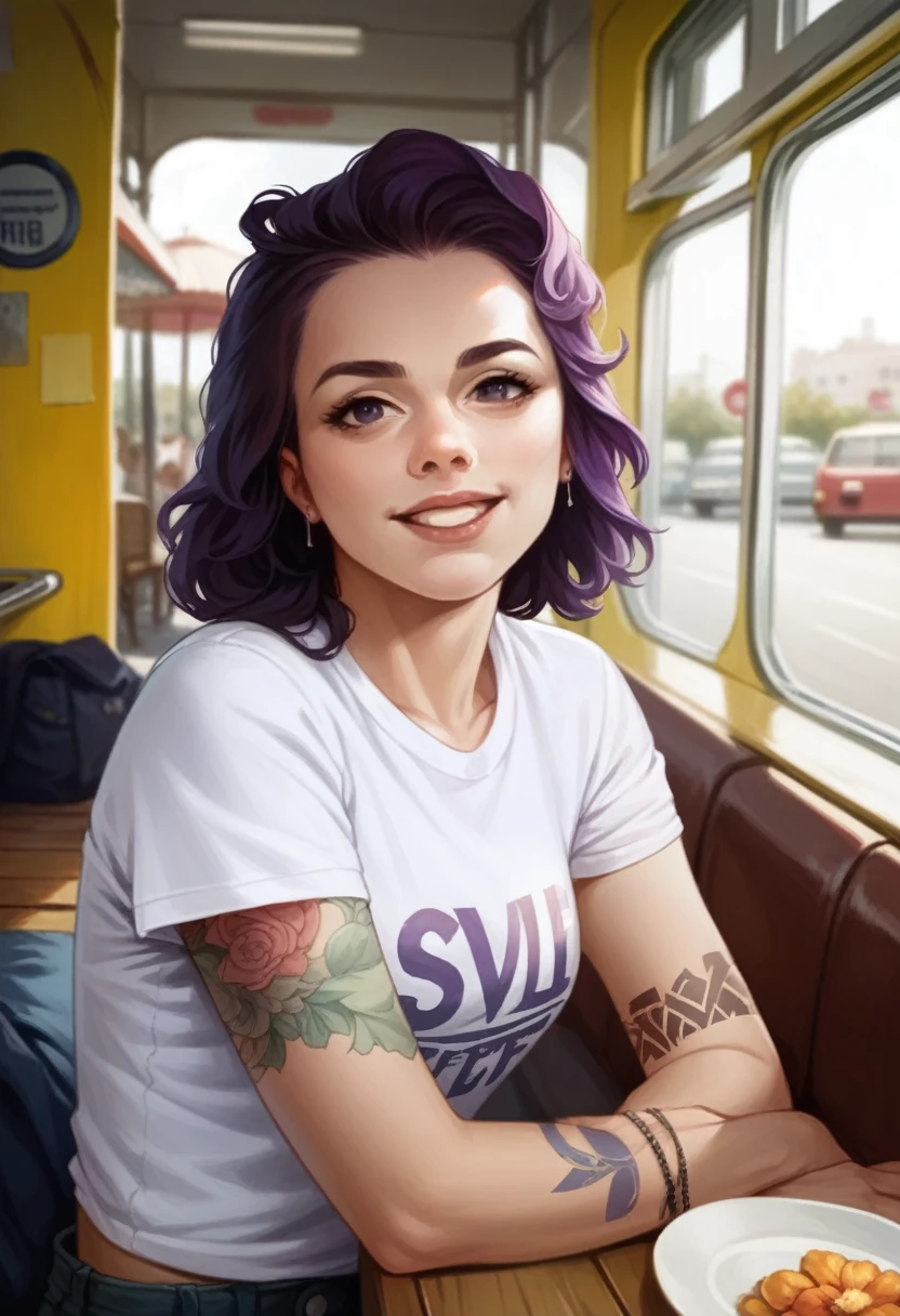 street photography of a young woman with purple hair, ssmile, glad, cute t-shirt, tattoos on arms, sitting on a beach
