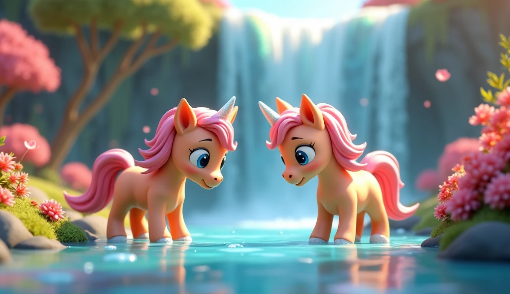 Create in 3d animation style for the kids of age group of 1-5 years.Luna baby horse and Aria baby horse bending down to drink from the rainbow-colored waterfall.
- Their horns should be shining, and their manes should be flowing in the wind.
- The waterfall should be surrounded by colorful flowers and trees.
