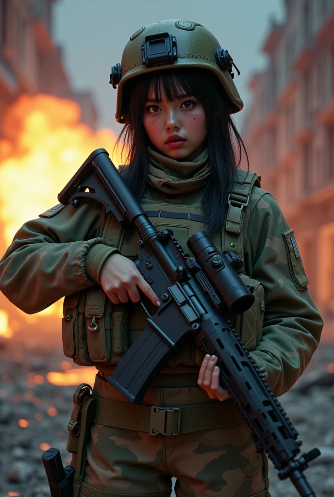 Photo-realistic, ultra-realistic, very beautiful Japanese, famous Japanese idol, (Fully equipped for battle:1.5), holding m4a1 large assault rifle, (amazing view of A building destroyed by a missile explosion:1), (she is very scared and crying:1), (wearing an army soldier's Camouflage outfits with military helmet:1.5), (at a battle field of Abandoned Building at night), very large breasts, (tactical vest, military harness:1.3), (military long boots:1),