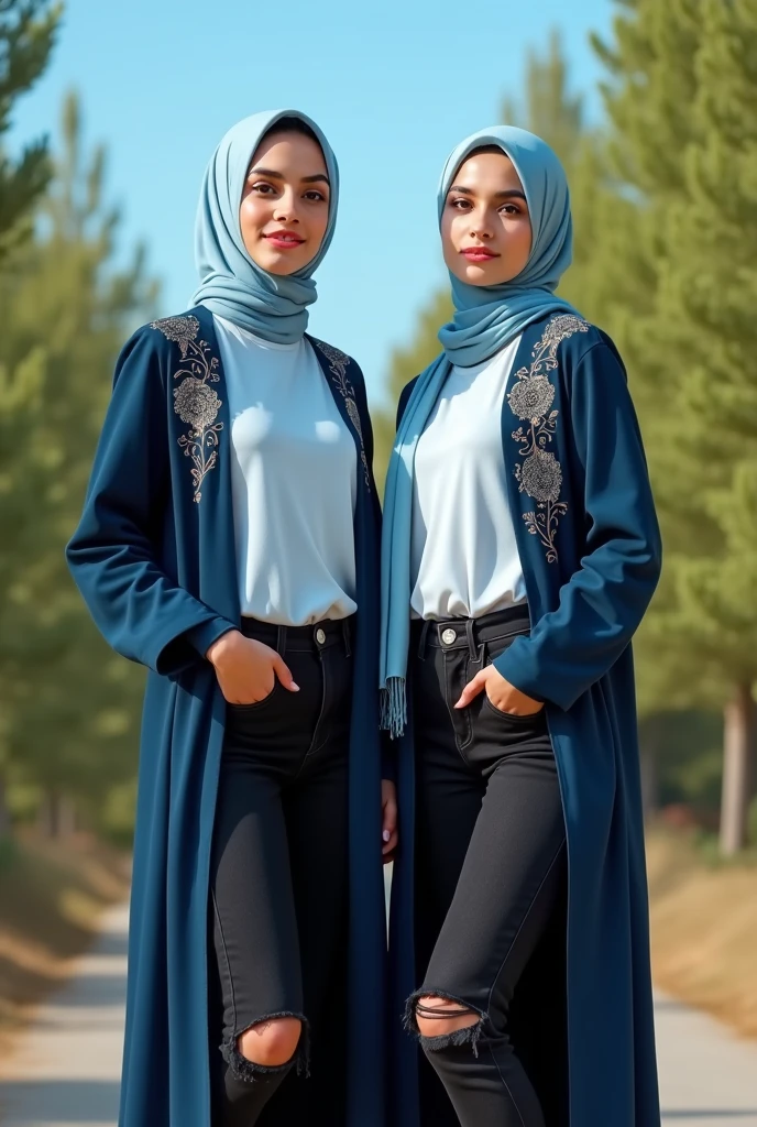 Please make me a photo of a very beautiful 2 Arabic woman in a light blue hijab, cute face, standing facing the viewer wearing a modern trend navy robe with intricate embroidery, ((full body gemoy)), wearing ripped black jeans wearing black Vans shoes with an outdoor background around green trees with a clear sky