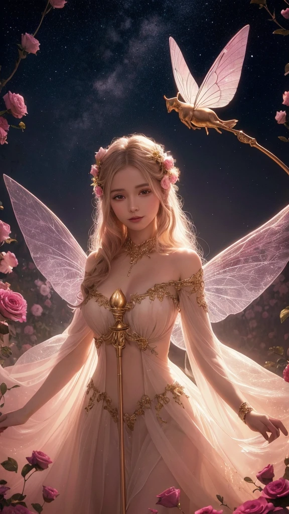 A beautiful, transparent flower fairy with colorful, translucent wings. She holds a golden staff that sways with the wind and glows with starlight. The fairy has a gentle smile, faces the viewer directly, and features delicate patterns. The background is a pink rose garden with soft lighting, creating a grand romantic fantasy digital art piece. The artwork incorporates mythological fantasy elements, cinematic lighting, rich colors, and dramatic illumination.