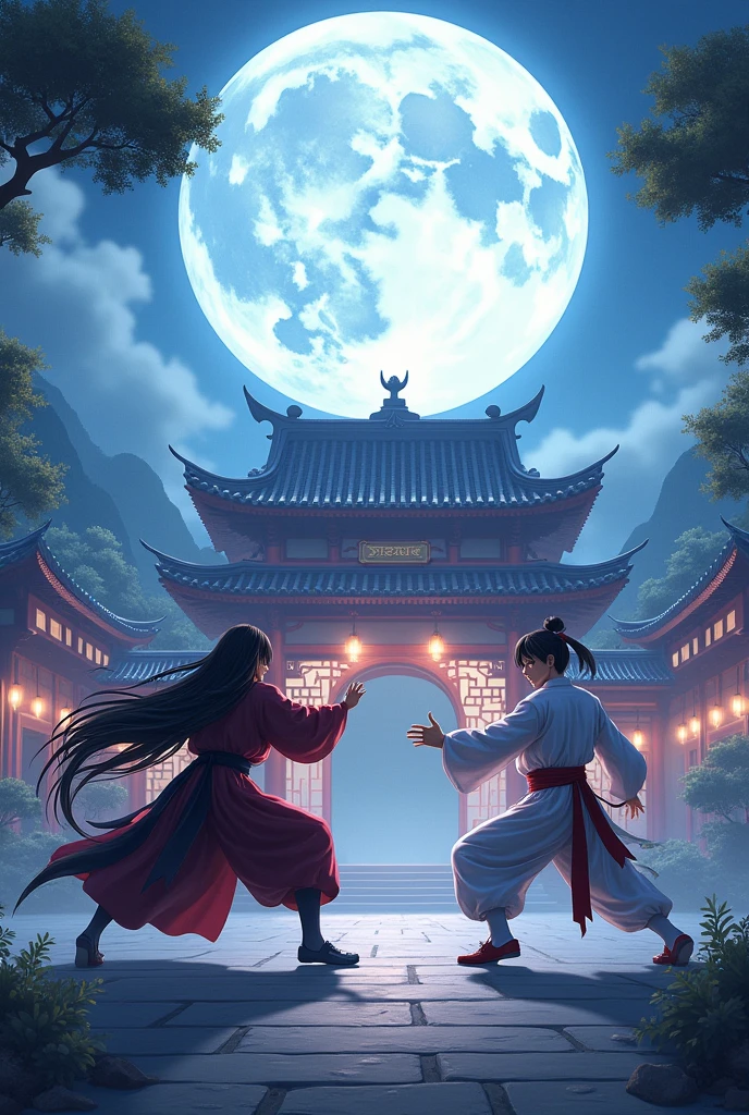 The young handsome man in the martial arts outfit is fighting with the beautiful nine tales fox demon in assassin outfit. The background is big moon with Chinese manor. The photo in anime style.