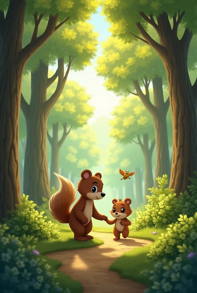 The squirrel led the cub down familiar paths, past large trees and bushes. On the way, the squirrel told the bear funny stories about life in the tree so that the bear would no longer be afraid.