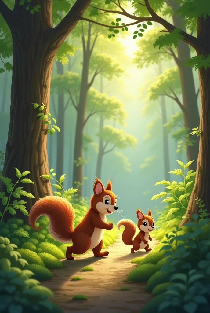 The squirrel led the cub down familiar paths, past large trees and bushes. On the way, the squirrel told the bear funny stories about life in the tree so that the bear would no longer be afraid.