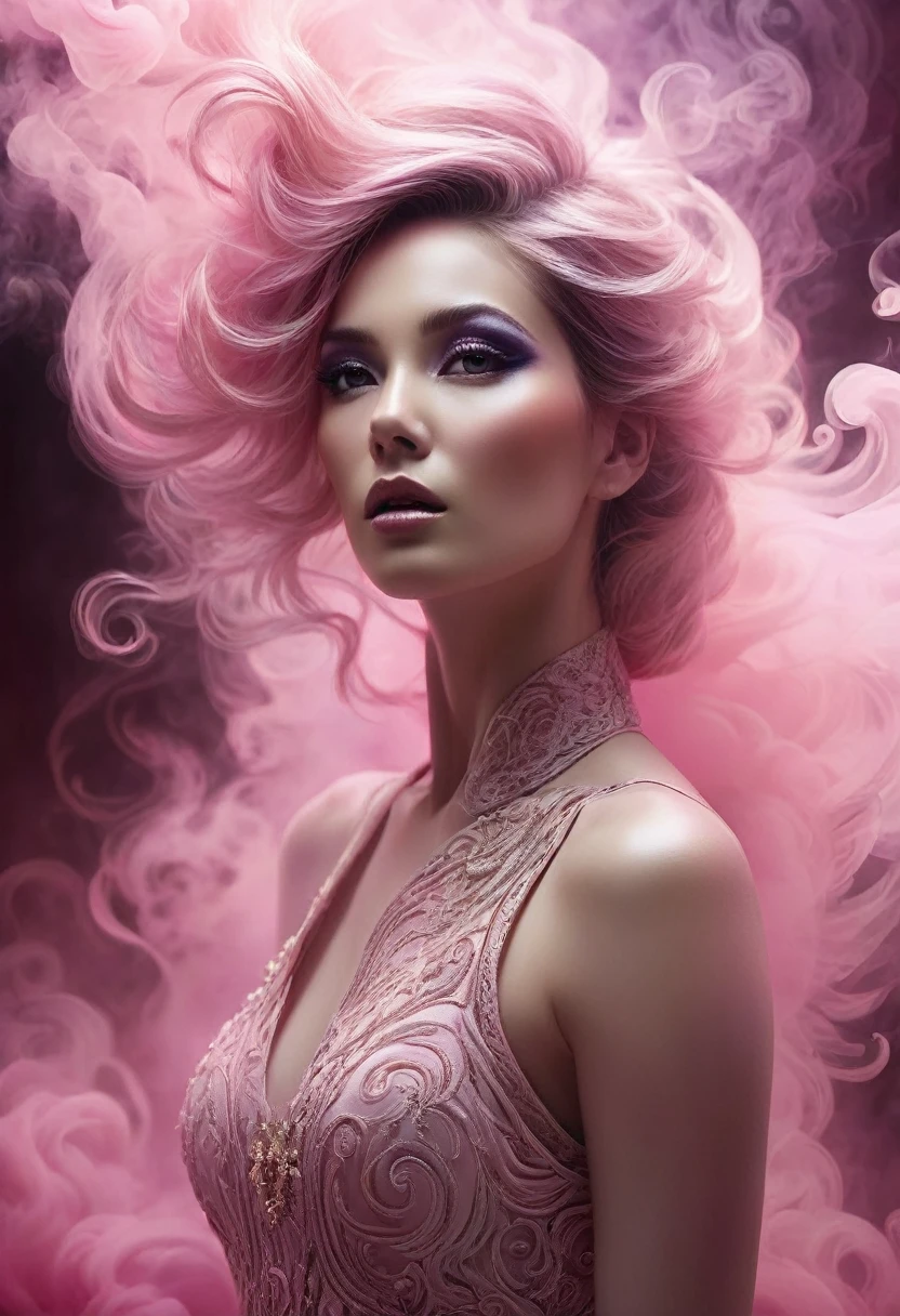 A majestic work of art, a woman, intricately detailed, with an intense, piercing gaze emanating from her singular, striking eye, set against a backdrop of ethereal, swirling pink smoke that appears to shift and undulate as if alive, illuminated by a cinematic lighting scheme that casts dramatic, high-contrast shadows and highlights, evoking a sense of mystery and the otherworldly, with each element expertly rendered in exquisite, high-definition detail, exuding a sense of artistic mastery and visual sophistication.