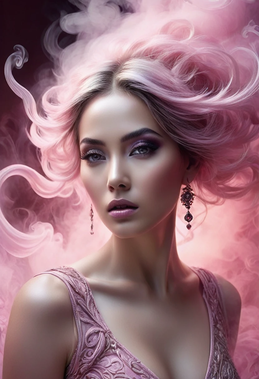 A majestic work of art, a woman, intricately detailed, with an intense, piercing gaze emanating from her singular, striking eye, set against a backdrop of ethereal, swirling pink smoke that appears to shift and undulate as if alive, illuminated by a cinematic lighting scheme that casts dramatic, high-contrast shadows and highlights, evoking a sense of mystery and the otherworldly, with each element expertly rendered in exquisite, high-definition detail, exuding a sense of artistic mastery and visual sophistication.