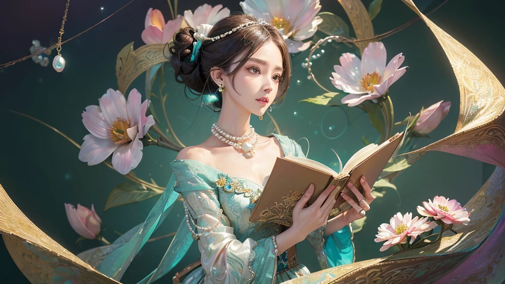 32K, 最高quality, 最高masterpiece, (ultra-Detailed Background, Detailed Background), High resolution, Super detailed, Very detailedな, 1 personの, (bouquet:1.3), (Tangled:1.2), (Geometric:1.2),(colorful),(masterpiece, quality, best quality, Official Art, Beautiful and beautiful:1.2), (1 person:1.3), Very detailed,(colorful:1.1)(Flowers:1.3),Most detailed,(Tangled:1.2), whole body, (Abstract background:1.3), (Skin glows), (Many colors:1.4), ,(Earrings Pearl:1.5), Light green background, It's imaginative., Brunette Hair, Updo, Holding a book, Holding a pen, Satin shirt,