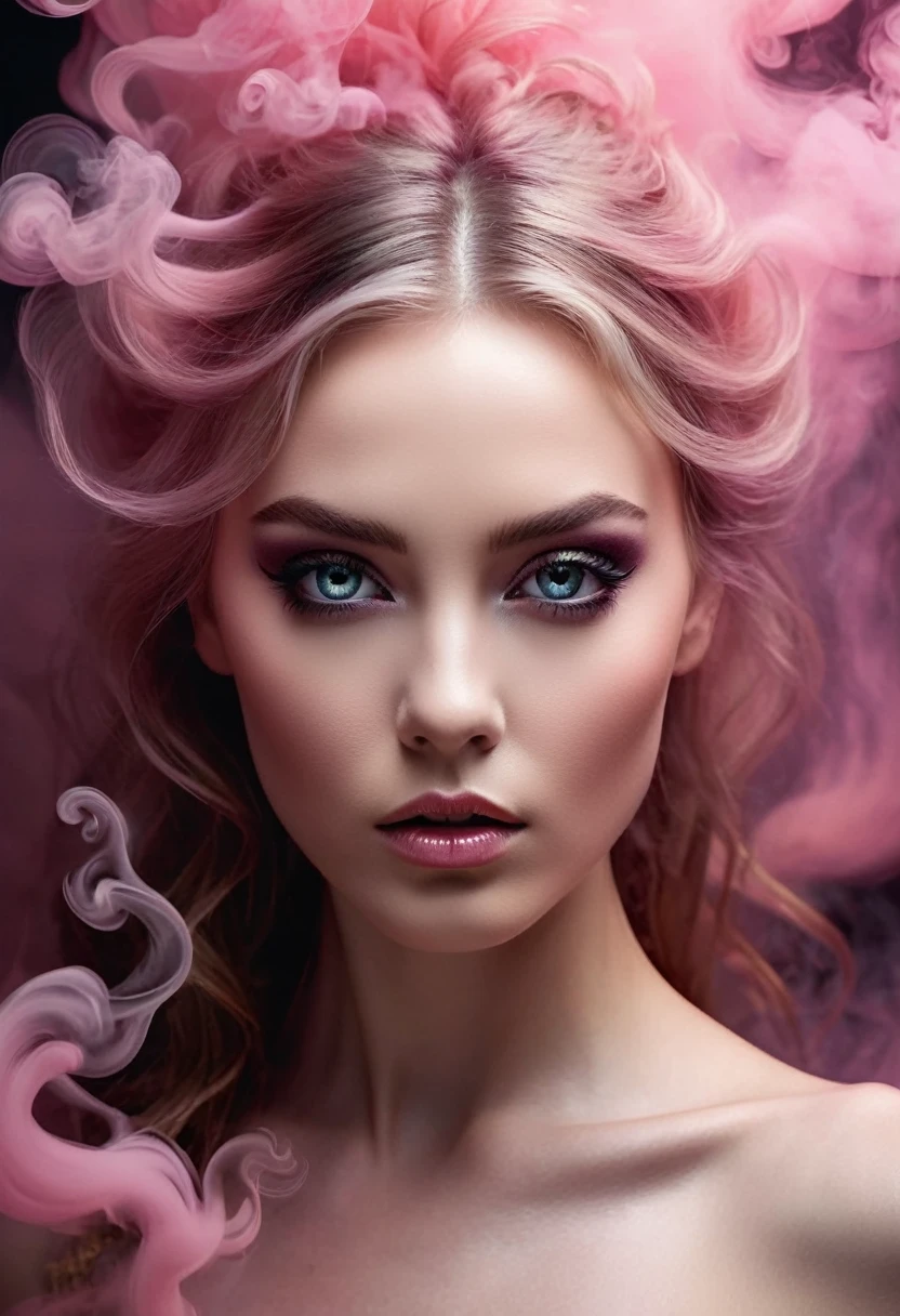 A majestic work of art, a  woman, intricately detailed, with an intense, piercing gaze emanating from her singular, striking eye, set against a backdrop of ethereal, swirling pink smoke that appears to shift and undulate as if alive, illuminated by a cinematic lighting scheme that casts dramatic, high-contrast shadows and highlights, evoking a sense of mystery and the otherworldly, with each element expertly rendered in exquisite, high-definition detail, exuding a sense of artistic mastery and visual sophistication.
