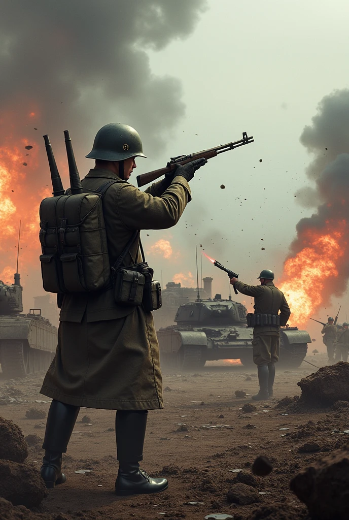 Nazi soldier and other soldiers fighting and shooting war field backround war tankers and bomb blast