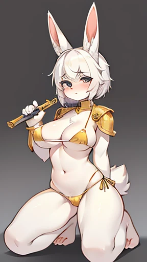 Busty female bunny，Fluffy white hair. Wearing simple and stylish golden bikini armor. . Holding a dagger，Kneeling and squatting，Full body portrait，The ears should be shown complete