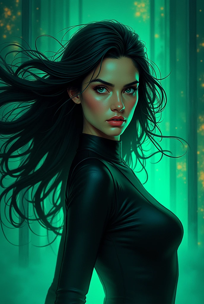 Industrial Woman face,green an blue outlines,black Background,Long Hair in Wind, mystical ,cartoon