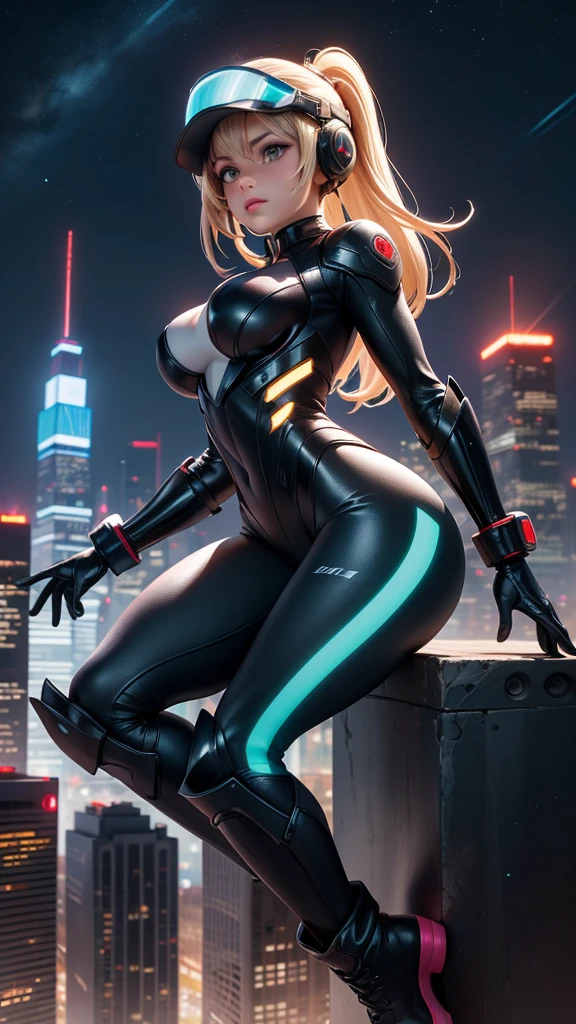 A powerful woman is flying high above a futuristic city in a sleek, advanced combat suit. The suit is form-fitting and metallic, with glowing blue lines tracing along her arms, legs, and torso, signifying high-tech capabilities. Her face is focused and determined, partially visible through a clear visor on her helmet. The suit’s thrusters, located on her back and boots, emit bright blue energy as she soars through the sky, leaving a trail behind. Below her, the sprawling cityscape is illuminated by neon lights, with skyscrapers reaching up towards the twilight sky. The clouds part as she ascends, giving way to a view of the stars beginning to twinkle as night falls. Her posture is streamlined and confident, embodying strength and grace as she navigates effortlessly through the air.