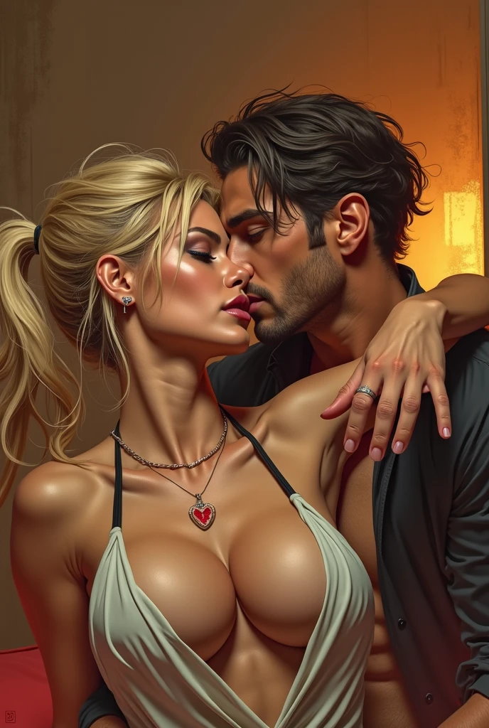 A hyper realistic photo in cyberpunk style with vivid and attractive colors, A blonde woman with a sexy and defined body accompanied by her husband and her lover, The three have an air of passion for the situation and enjoy provoking, She is very excited and her breasts are showing., A digital painting style image, sharp focus, illustration art by greg rutkowski, nsfw.