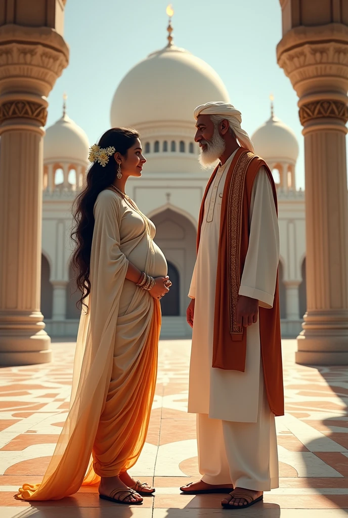 A kerala 2d beautiful pregnant hindu girl wearing a white kurtha with black leggings , blak heel, bhindi, jwellerys, jasmin on th hair standing with a traditional fat 50 year old arab muslim man 
They are standing in front of mosque and mhslim flag can see there