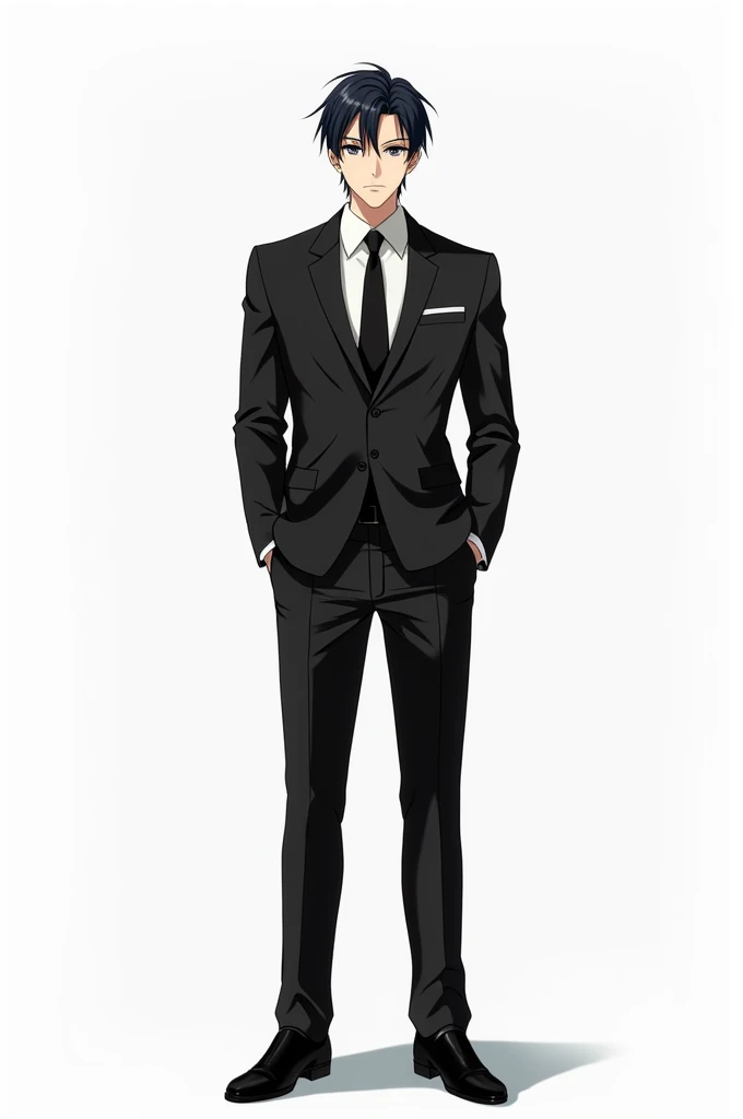Ideal male anime with black eyes and black suit and white background with Full body photo