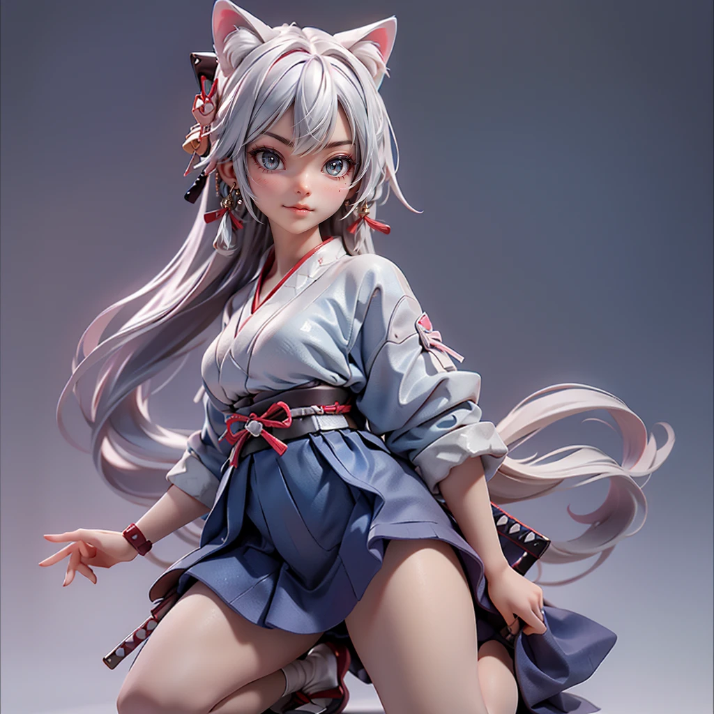 Moisturized Skin, (blue eyes), Realistic body, (Adult female body), Energetic, 3DCG, front, Pink lipstick, (Silver Hair), ((Cat ear)), Beautiful Hair, Long Hair, ponytail, (((Samurai Armor: 1.3))), ((masterpiece + Highest quality + High resolution + Very detailedな)), (whole body: 1.2), Raise your right knee, A fine Japanese sword on his waist, Perfect fingers, Perfect limbs, Depiction from above, Anatomically correct, Textured skin, Very detailed,