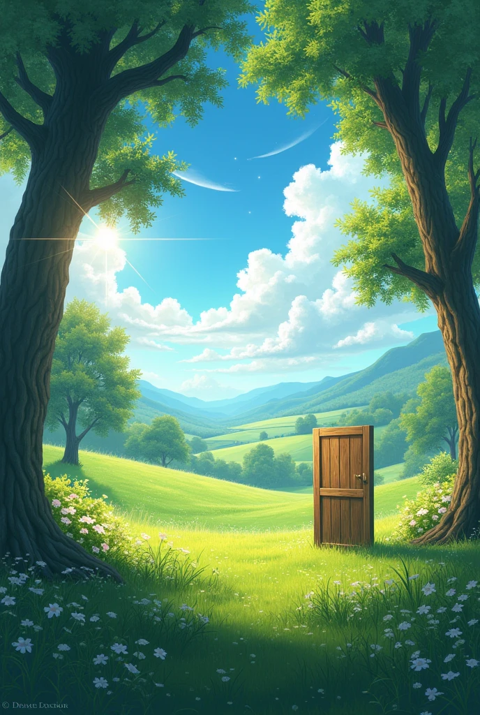 amidst a verdant landscape, where emerald fields meet the azure sky, Door open