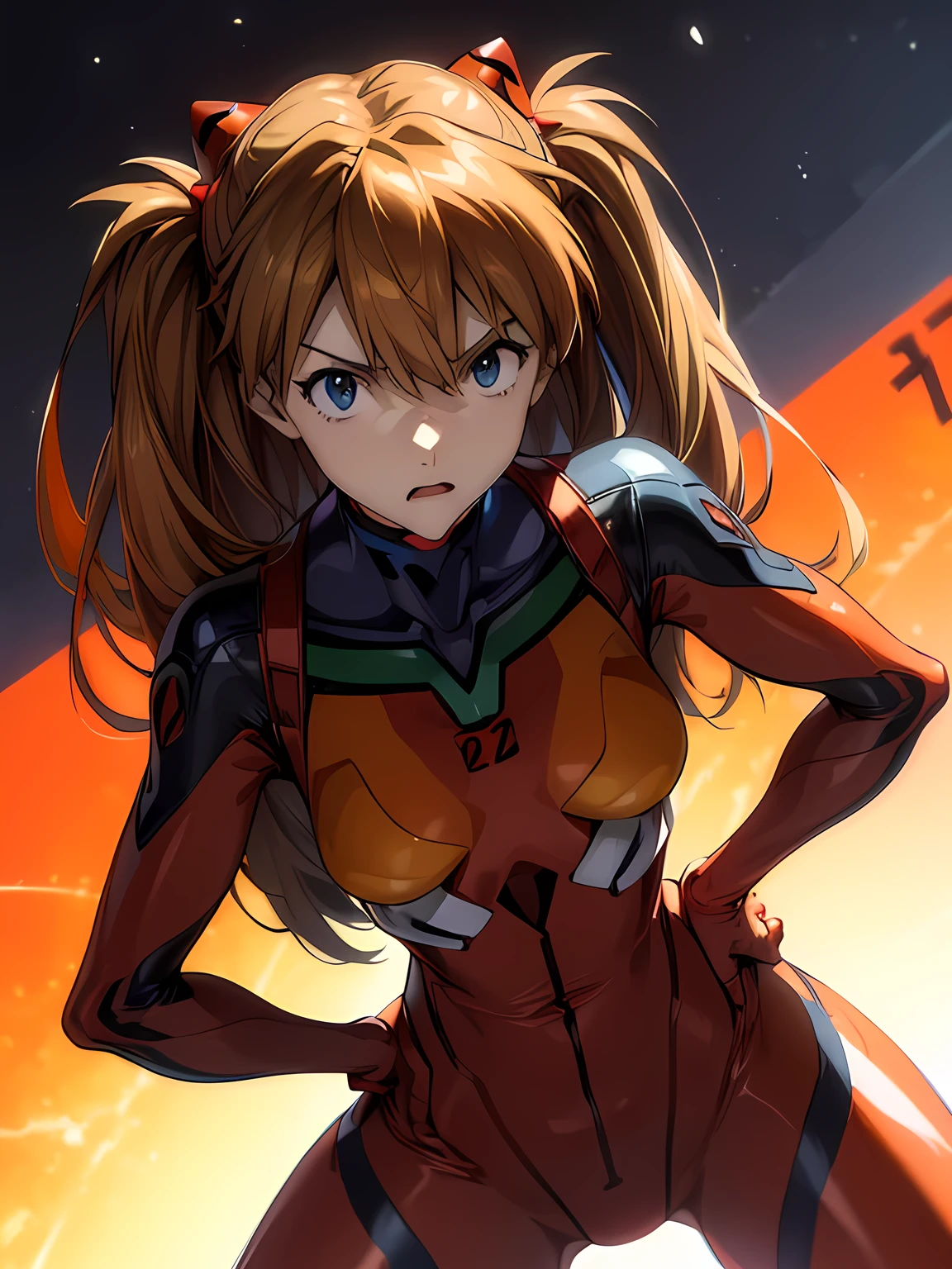 ultra-detailed, illustration, Beautiful Face, Beautiful body, ((souryuu asuka langley, interface headset, red bodysuit:1.4, Orange-brown hair)), glowing eyes, Sparkling Eyes, (beautiful and detailed eyes:1.1), whole body, (((Raise left index finger to attention:1.4, Place the other hand on your hip, Attention gesture))), (Mouth open in a preachy tone:1.25), (Leaning forward), The background is NERV Headquarters, [[delicate fingers and hands:0.55]::0.85],(detail fingers), (Toon Shader Rendering), photo with an 85mm camera, ((masterpiece, best quality, high resolution)) 