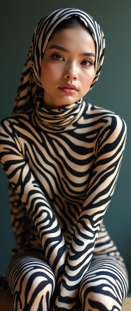 The beautiful,thin and clever asian muslimah adult girl with beautiful cheeks wears mountain zebra print lycra turtleneck unitard catsuit covered with stripes and mountain zebra print lycra elastane stretchy dancewear shawl hijab covered with stripes.She is sitting.She always put fake zebra print stripes that are made of animal makeup marker kit.
