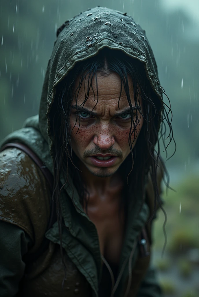 A close-up of Kit stumbling and looking weak, struggling against the rain.**