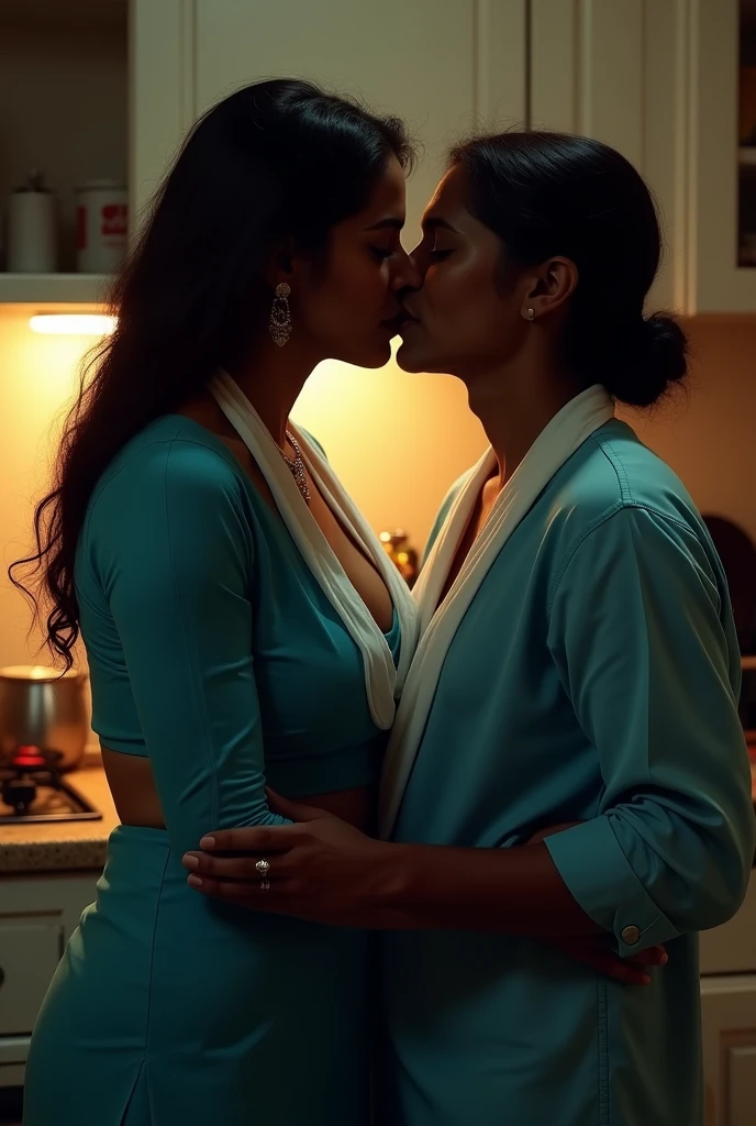 photo of Voluptuous Mature Indian Aunty with dusky skin, wearing tight Sky blue Kurti and White stole around her throat, showing her large U cut Cleavage, Hair Tied behind,Standing in Kitchen turning her head and Kissing a Slim Young boy, Dim Night light in the room.