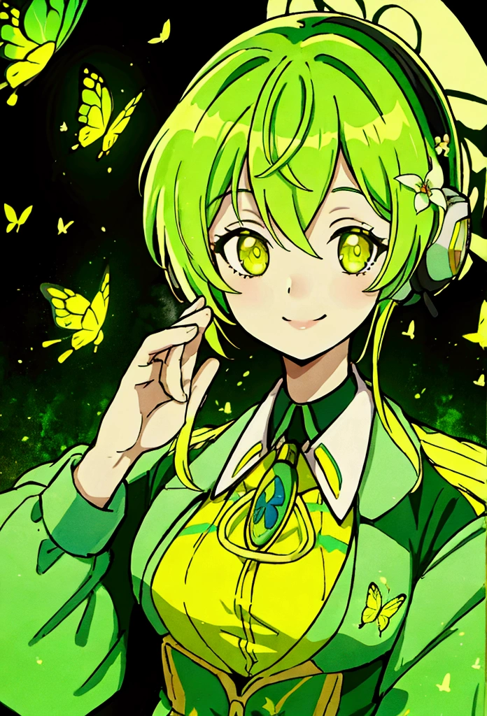 Yellow-green hair color,woman,Flower,butterfly, Cinema Lighting, (masterpiece:1.2), 最high quality, high quality, High resolution, (Super detailed), Detailed Background, One person,headphone,smile,