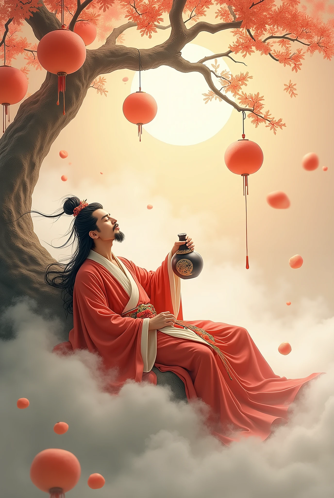 Wukong lay on a cloud, a wine jug hanging in his hand dripping wine. Wukong closed his eyes and immersed himself in his fantasy world. A bright mist enveloped his head, with huge peaches floating in the mist. He seemed to be dreaming a beautiful dream., look up, Extra Long Shot(ELS), Tradition Chinese Ink Painting style, high detail, highly realistic, 8k smooth, Dreamy haze