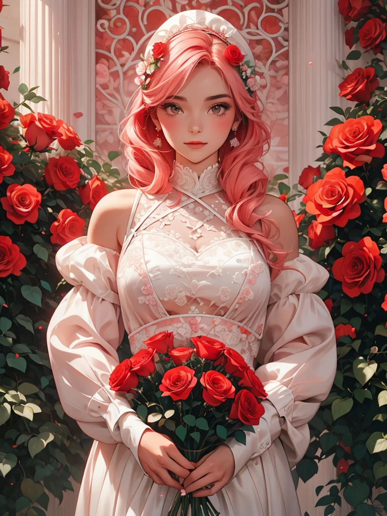 The image depicts a person holding a large, heart-shaped arrangement of red roses against a teal background. The individual is wearing a pale pink or white outfit that contrasts with the vibrant red roses. The overall scene exudes a romantic and perhaps celebratory atmosphere.