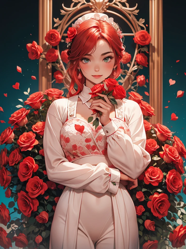 The image depicts a person holding a large, heart-shaped arrangement of red roses against a teal background. The individual is wearing a pale pink or white outfit that contrasts with the vibrant red roses. The overall scene exudes a romantic and perhaps celebratory atmosphere.