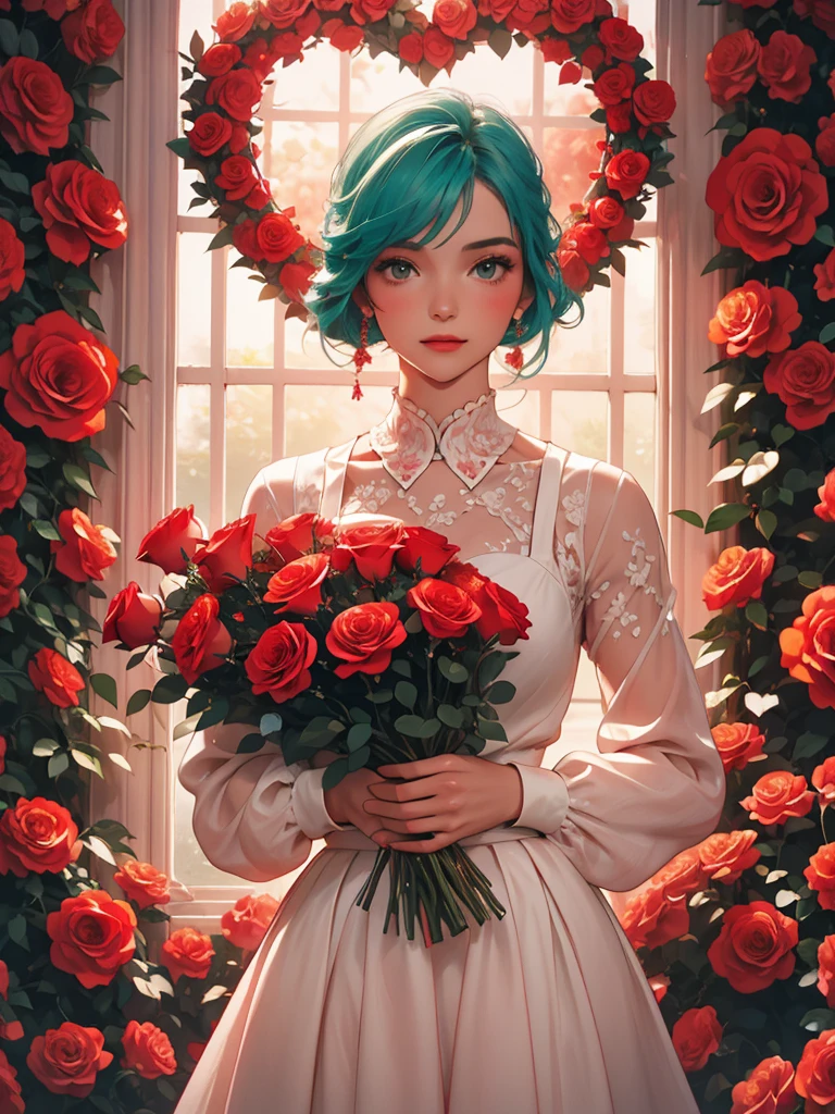 The image depicts a person holding a large, heart-shaped arrangement of red roses against a teal background. The individual is wearing a pale pink or white outfit that contrasts with the vibrant red roses. The overall scene exudes a romantic and perhaps celebratory atmosphere.