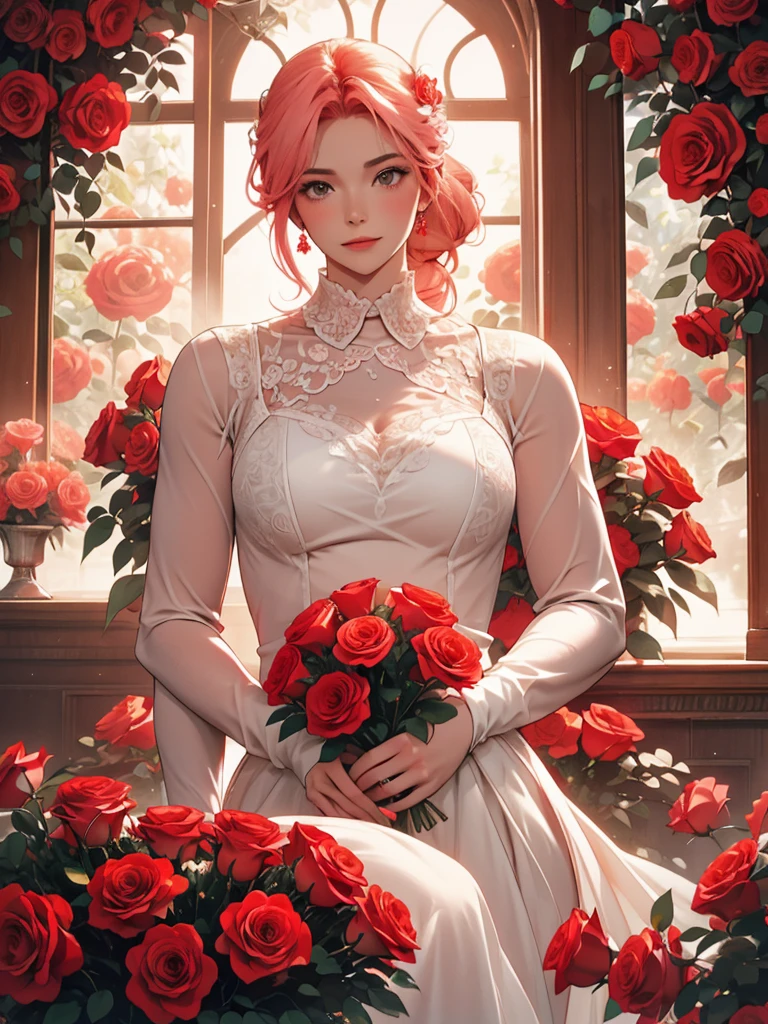 The image depicts a person holding a large, heart-shaped arrangement of red roses against a teal background. The individual is wearing a pale pink or white outfit that contrasts with the vibrant red roses. The overall scene exudes a romantic and perhaps celebratory atmosphere.