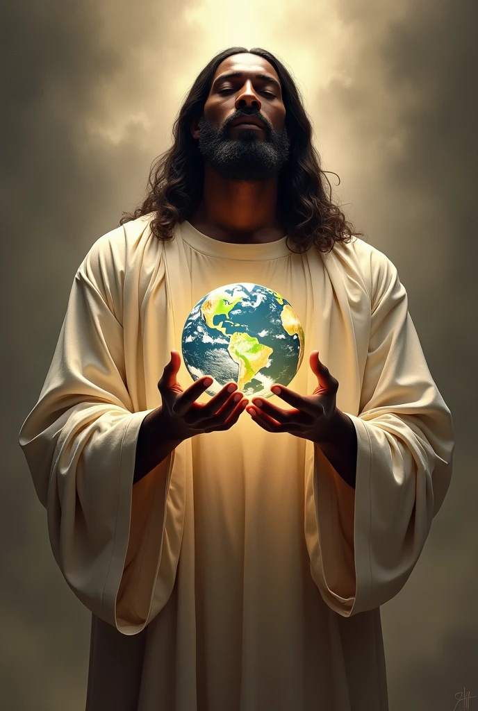 Black Jesus blessing the world in his hands