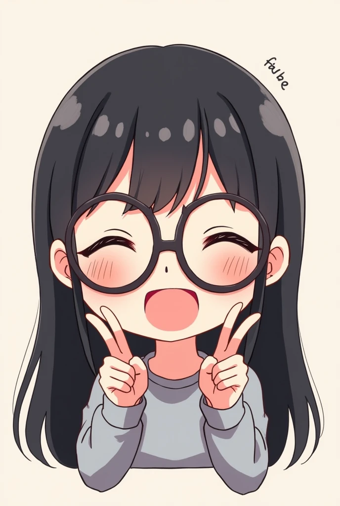 a cute female character, in chibi style, long black hair with bangs, with round black glasses, Caucasian skin, making a V with your hands and smiling cutely, with eyes closed, just the character's face